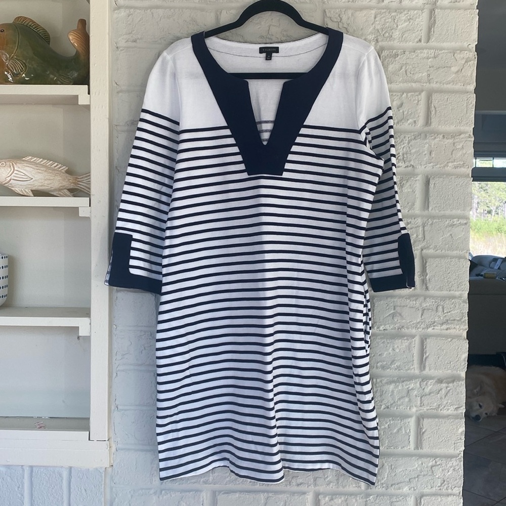 Talbots V-Neck Nautical Inspired Navy and White Shift Dress Size Medium
